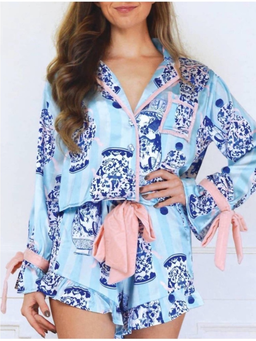 Blue & Pink Printed Satin Pajama Set with Tie Details